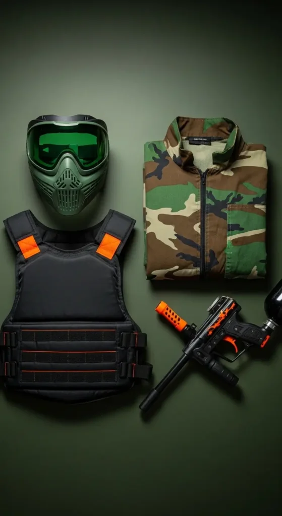 Équipement complet de paintball fourni à Tanger — masque, gilet de protection, combinaison et marqueur
