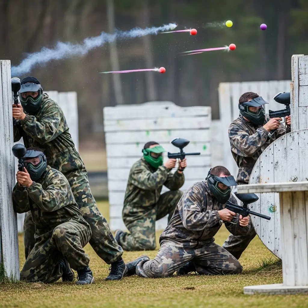 Équipes de joueurs de paintball à Tanger s'affrontant derrière des obstacles lors d'une partie en plein air