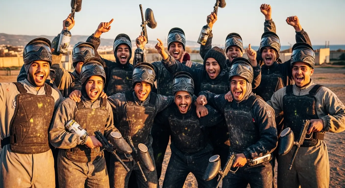 Groupe de joueurs heureux célébrant après une session de paintball à Tanger sur le terrain de paintball.ma