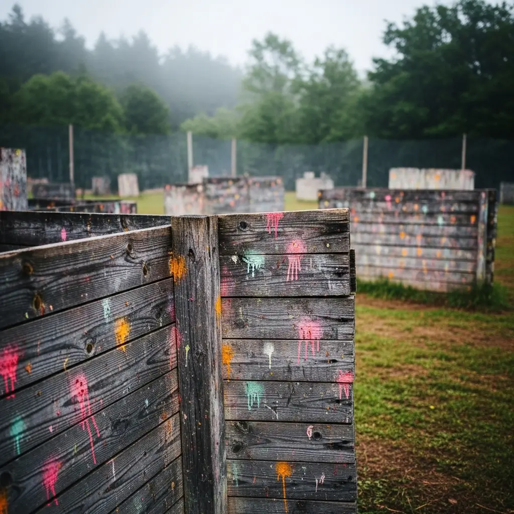 Obstacles et bunkers du terrain de paintball à Tanger couverts de traces de peinture colorée